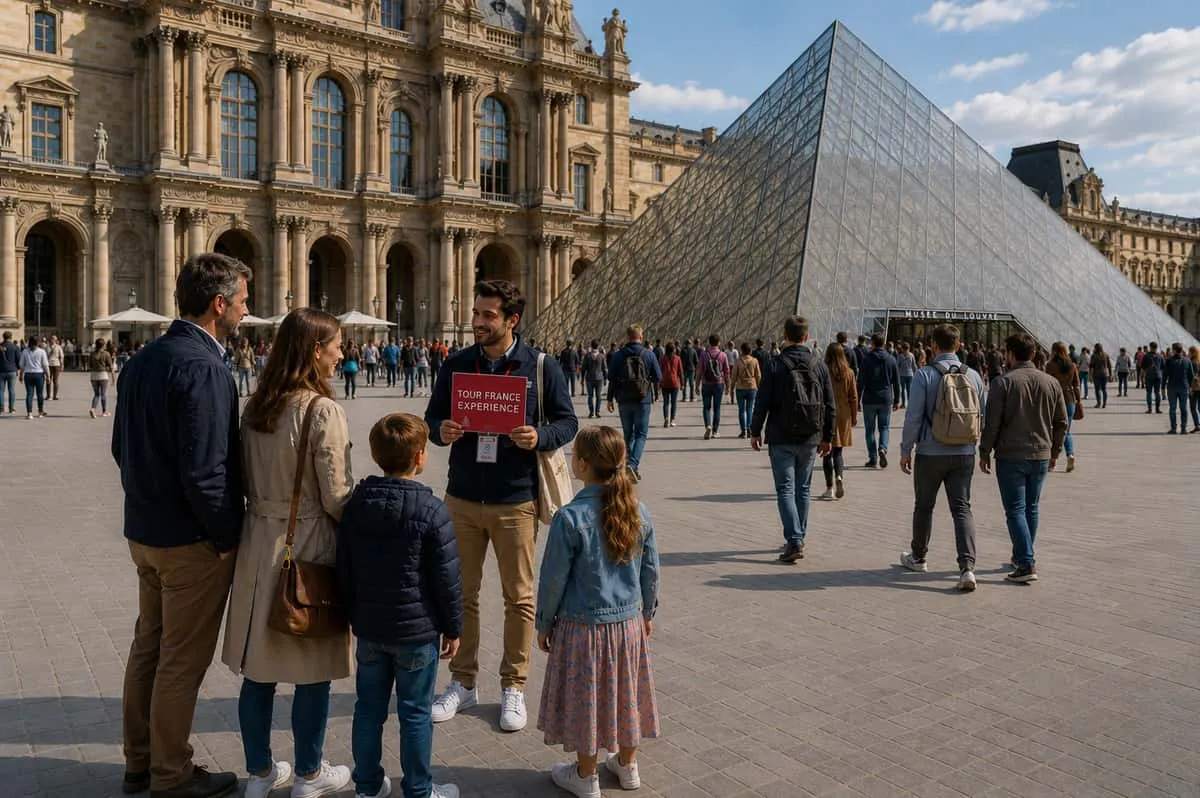 Family looking at Egyptian antiquities in the Louvre, a family favourite among museums in Paris